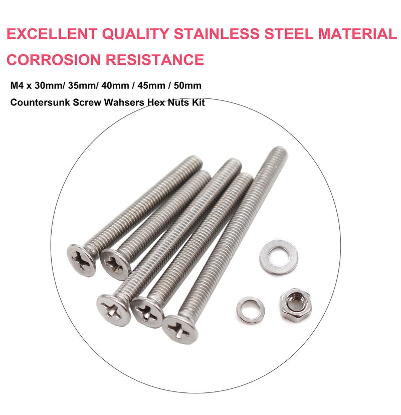 cSeao M3 M4 M5 M6 Countersunk Flat Phillips Machine Screws Hex Nut Flat Washers Spring Washers Assortment Kit 304 Stainless Steel (340pcs M4 x 30/35 / 40/45 / 50mm) - Image 2